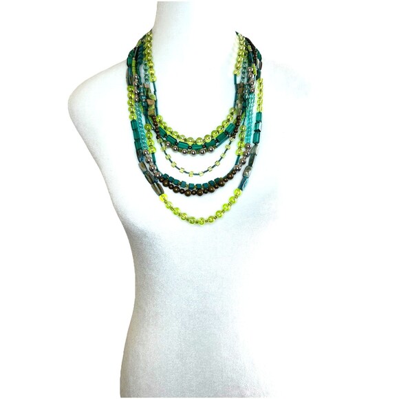 20-24" Chico's Beaded  Boho Necklace Multi-Strand Green & Turquoise mixed - Picture 1 of 3